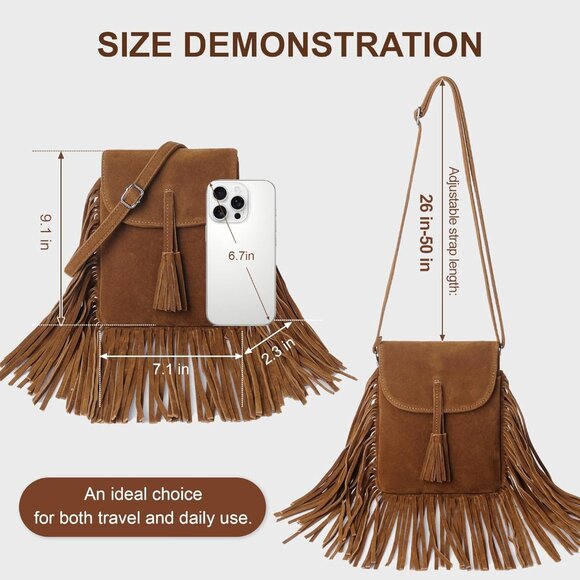 Fringe Small Crossbody Bags for Women Trendy Designer Cell Phone Bag Suede Tasse - Picture 4 of 7